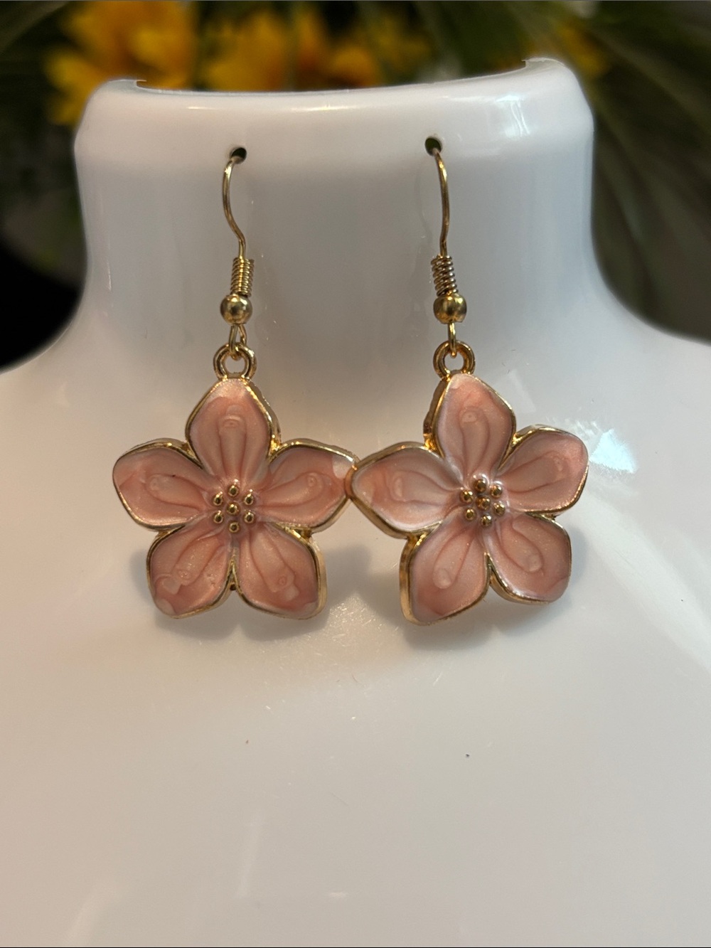 Gold-Trim Pink Floral Drop Earrings